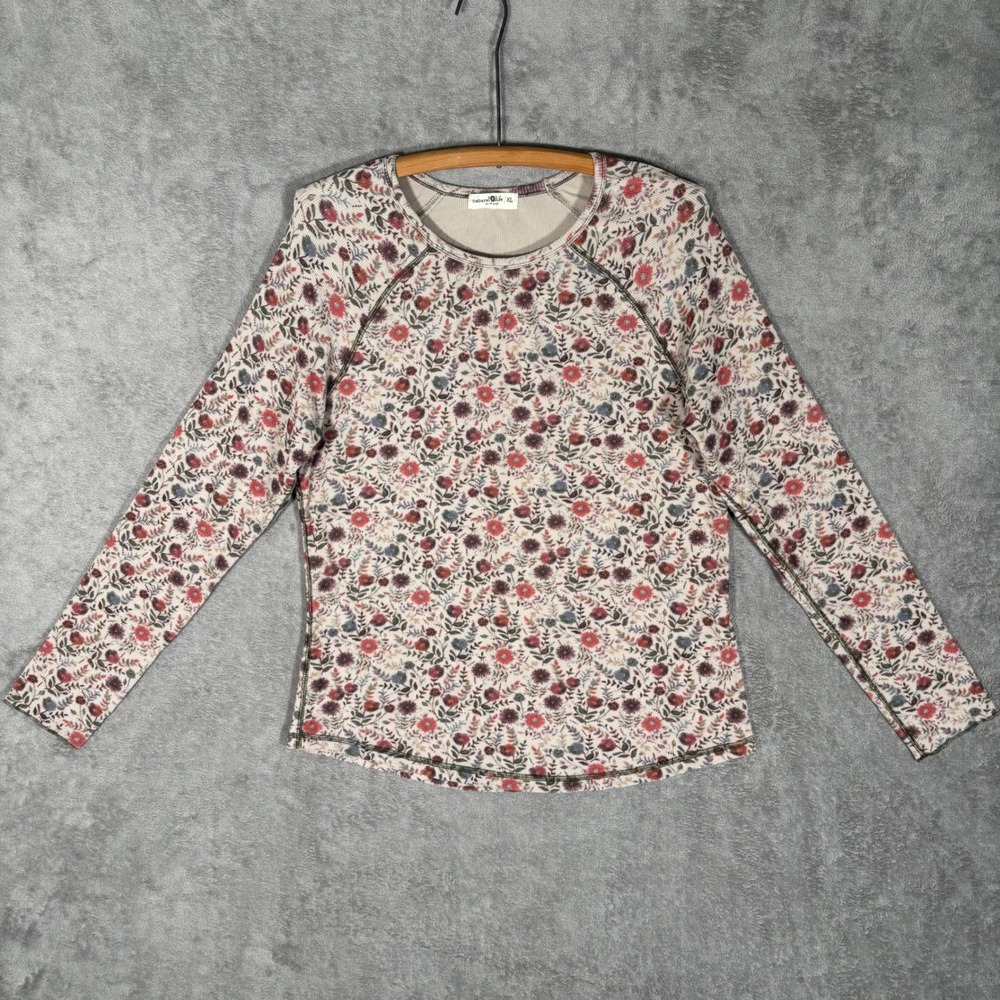 Natural Life Womens XL Floral Ribbed Long Sleeve Raglan Top Cream Red Boho